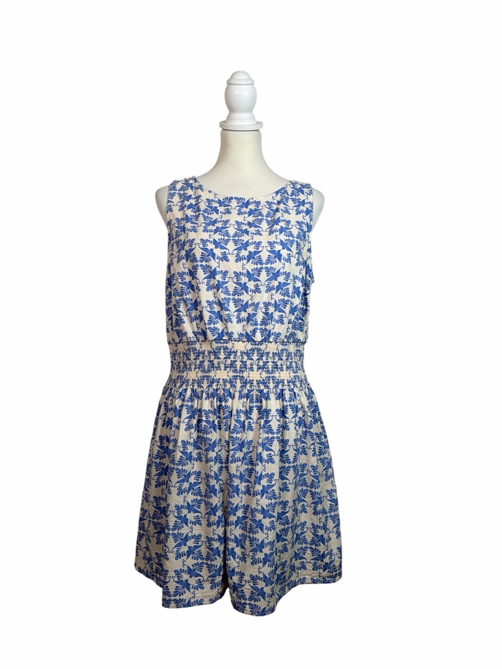 Universal Thread L Blue Cream Bird Print Smocked Waist Mini Sundress Cottagecore
